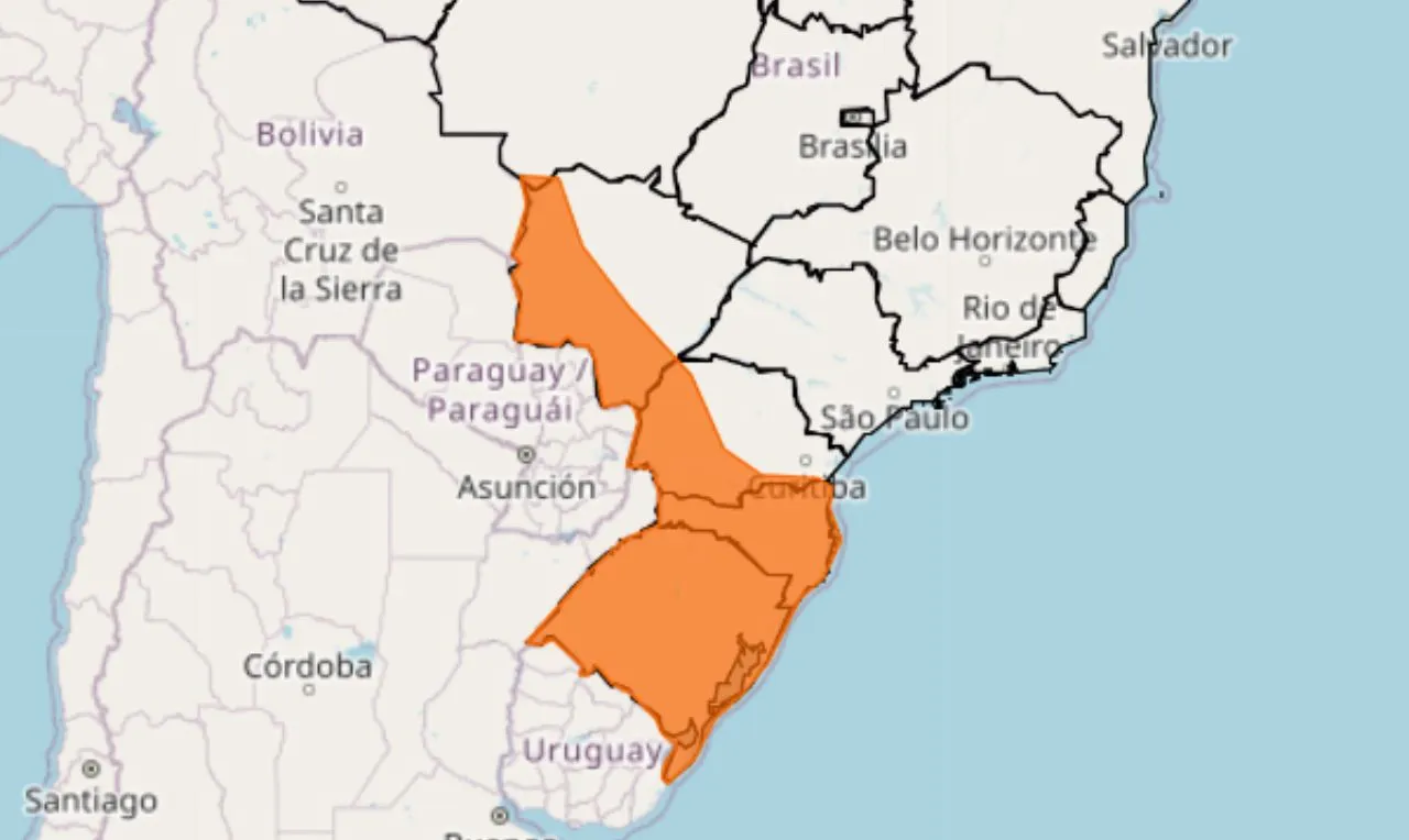 O mapa mostra áreas em alerta para queda de temperatura 